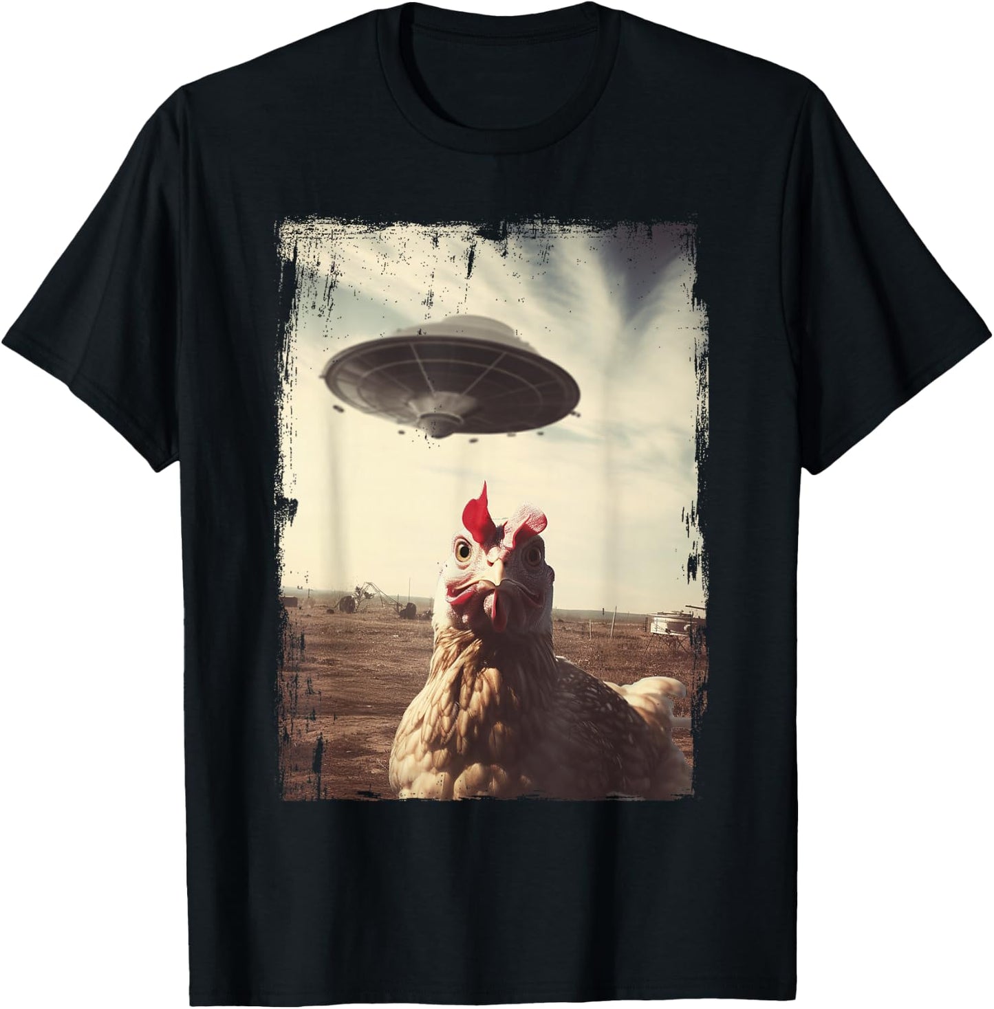 Weirdcore Chicken UFO Landing Graphic T-Shirt - T-Shirt | Black