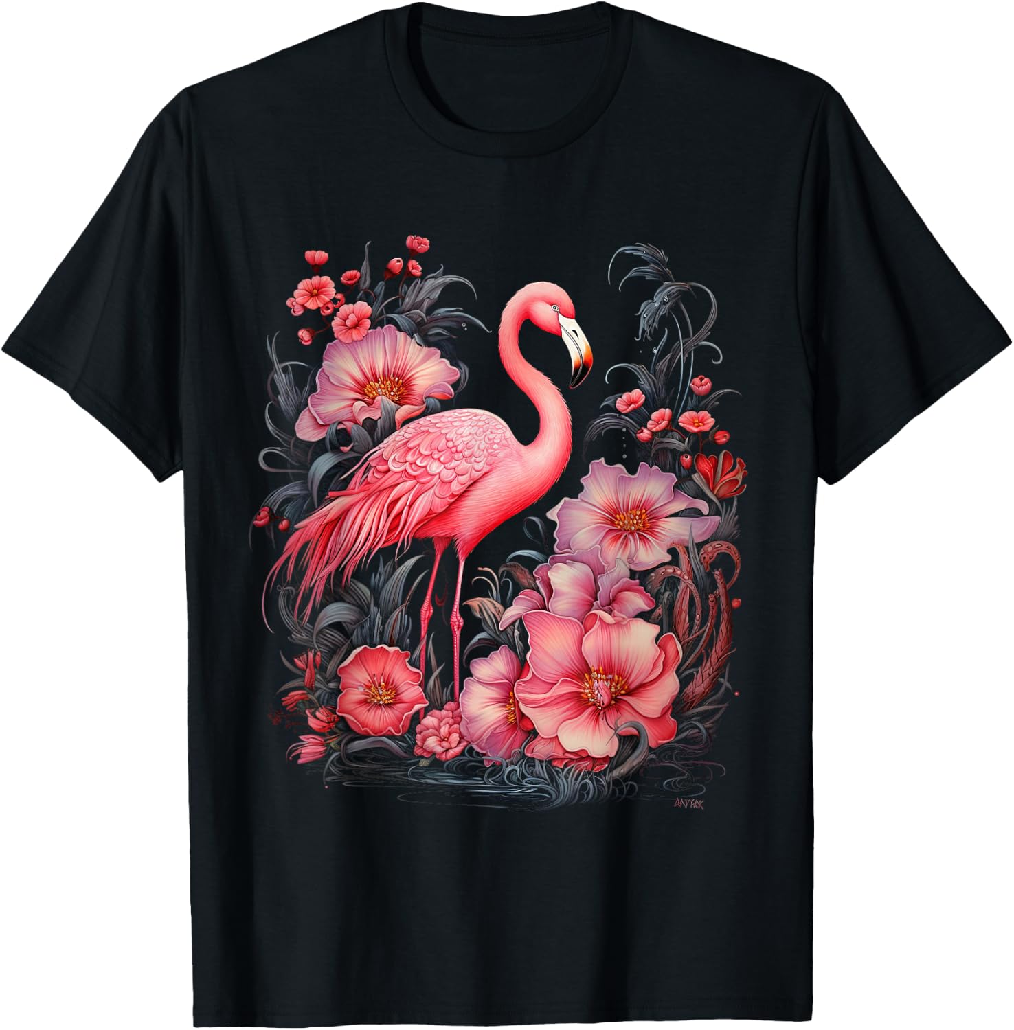 Flamingo and Flowers Floral Flamingos pink T-Shirt - T-Shirt | Black