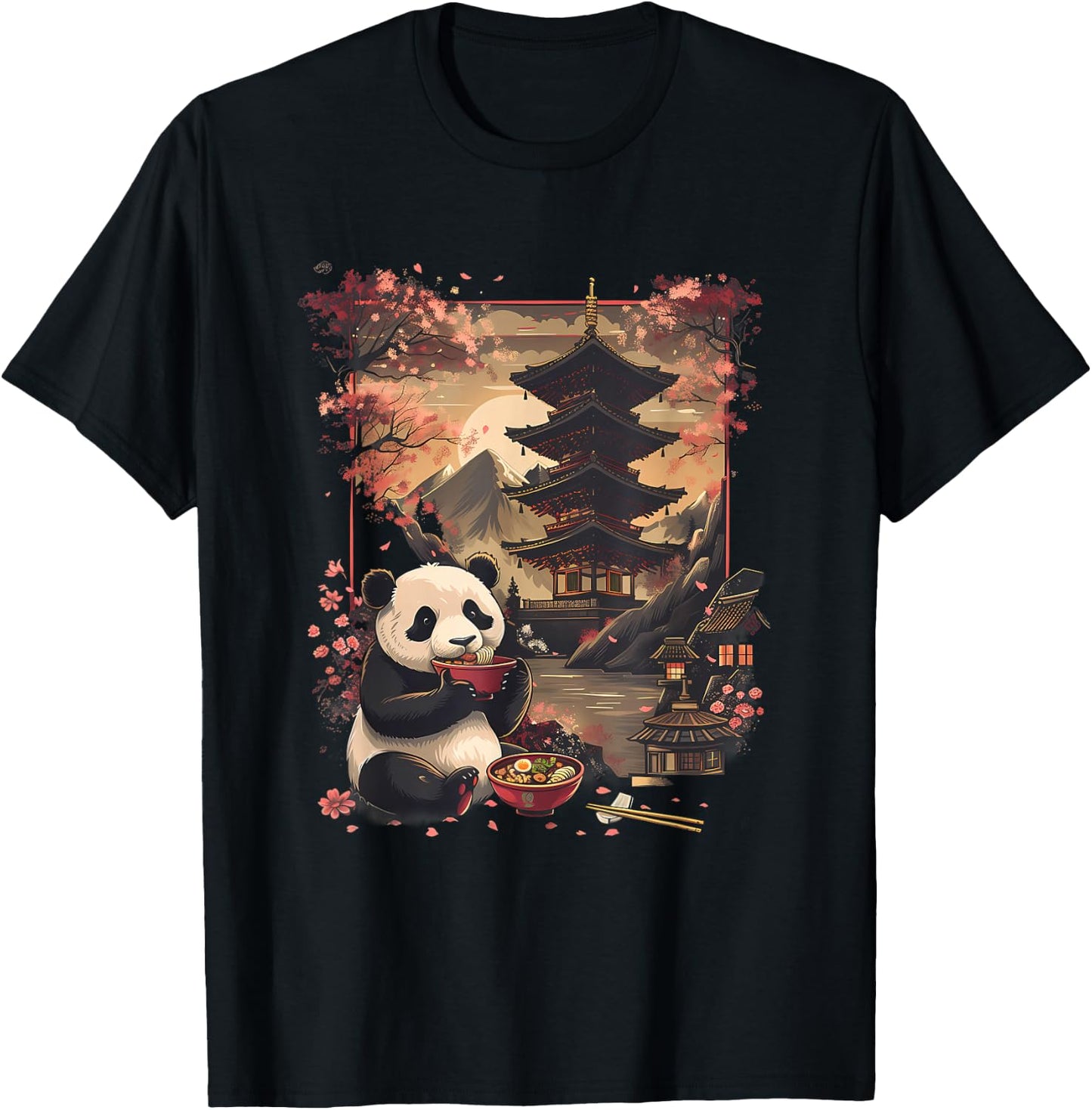 Panda Ramen Mount Fuji Pagoda Tower Sakura Panda Noodle Bowl T-Shirt - T-Shirt | Black