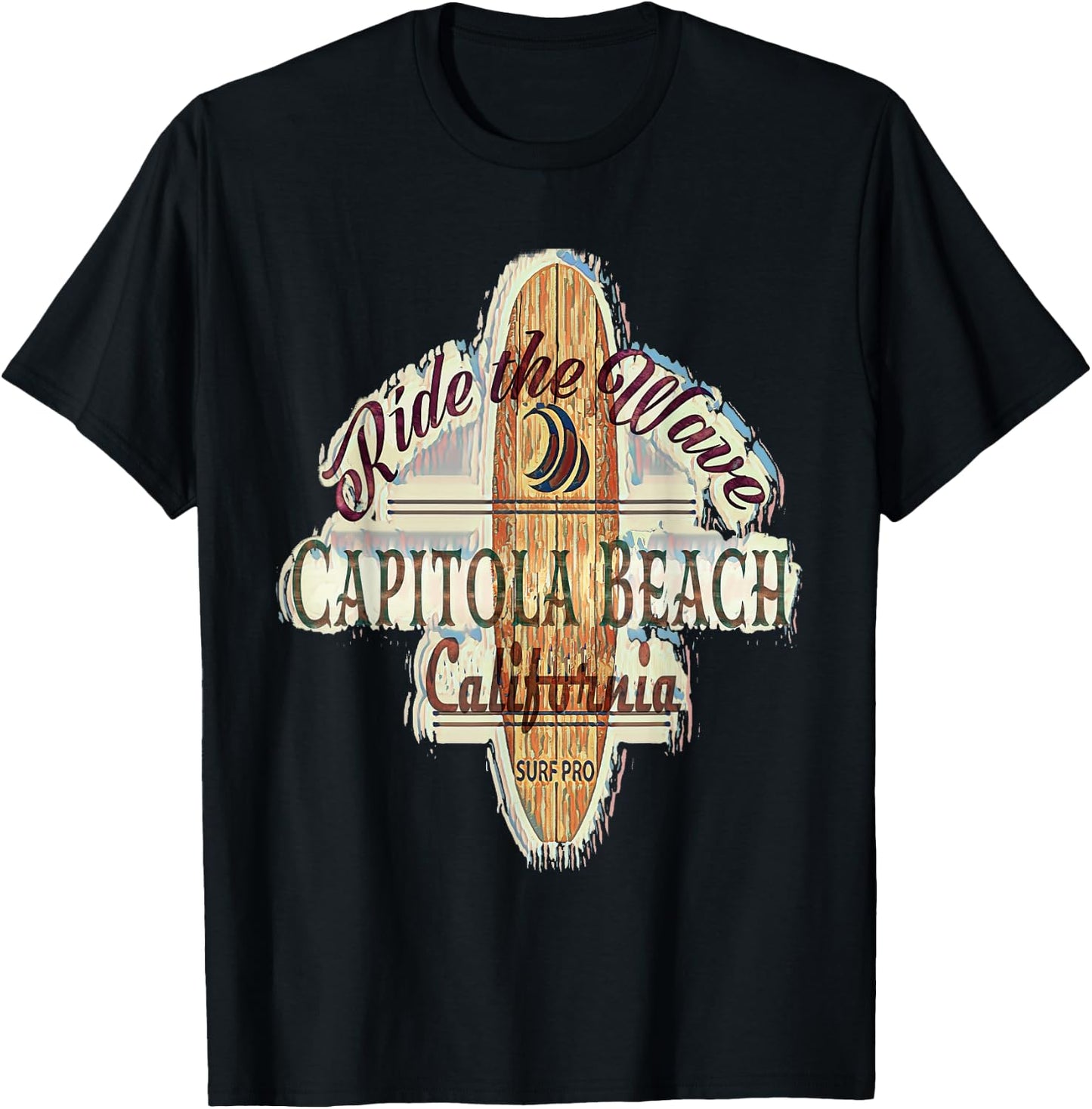 Surfing, Surfboard, Distressed Longboard Capitola Beach T-Shirt - T-Shirt | Black