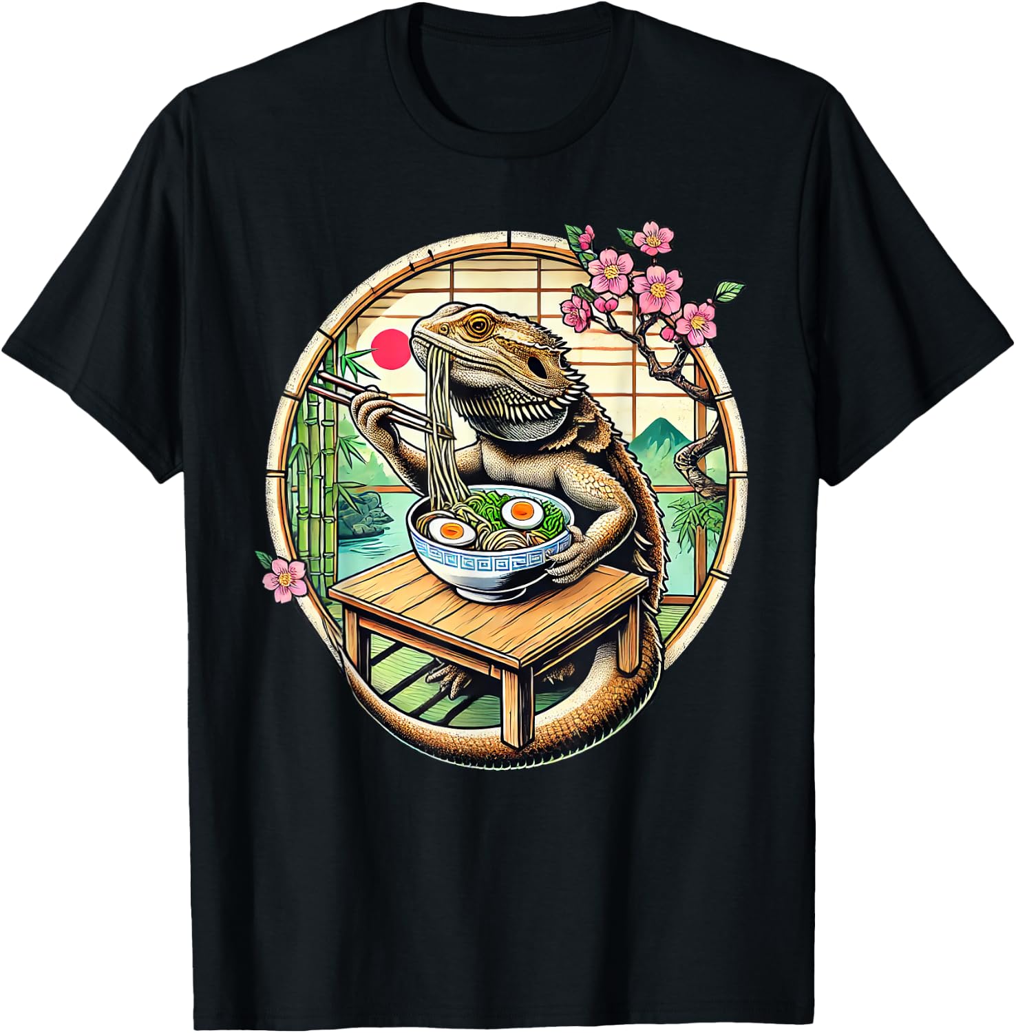 Kawaii Bearded Dragon Eating Ramen Noodles Japanese T-Shirt - T-Shirt | Black