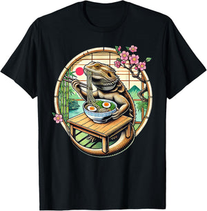 Kawaii Bearded Dragon Eating Ramen Noodles Japanese T-Shirt - T-Shirt | Black