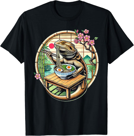 Kawaii Bearded Dragon Eating Ramen Noodles Japanese T-Shirt - T-Shirt | Black