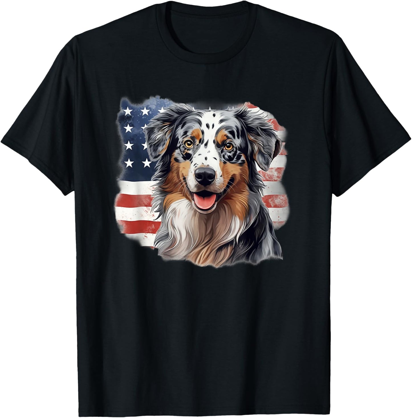 USA Flag 4th July Patriotic American Blue Merle Aussie Lover T-Shirt - T-Shirt | Black