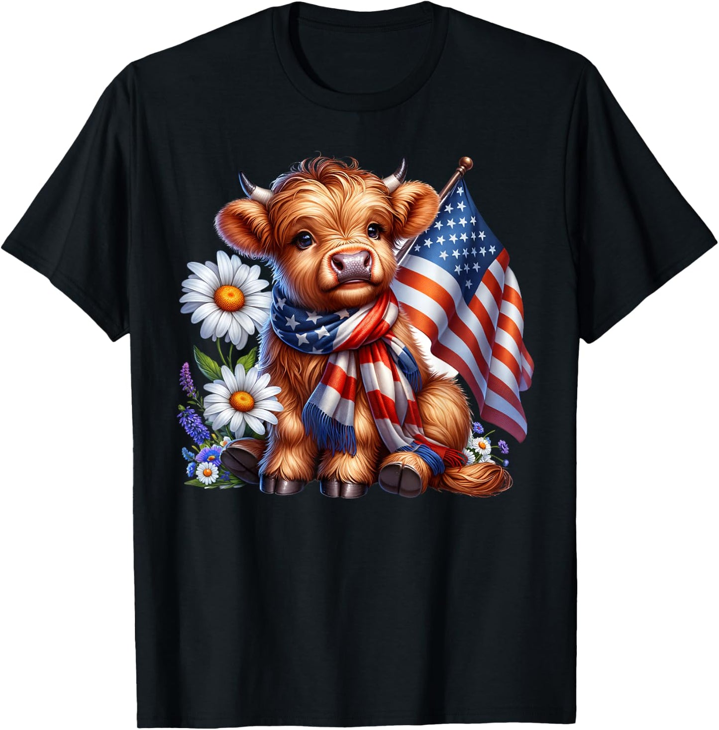 Cute Highland Cow Florals 4th of July USA Flag Patriotic Cow T-Shirt - T-Shirt | Black