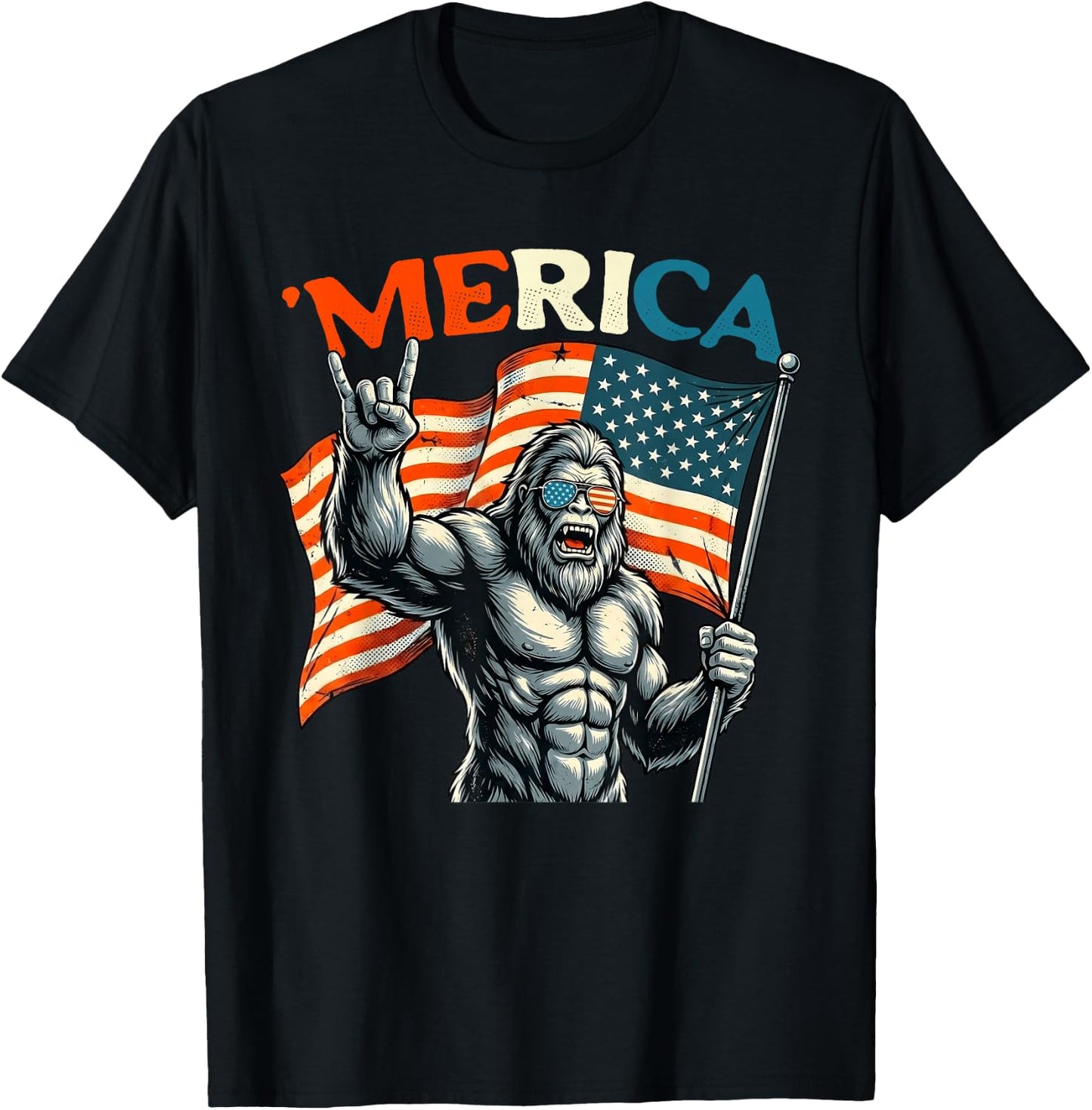 4th of July Bigfoot Sasquatch Merica Rock American Patriotic T-Shirt - T-Shirt | Black