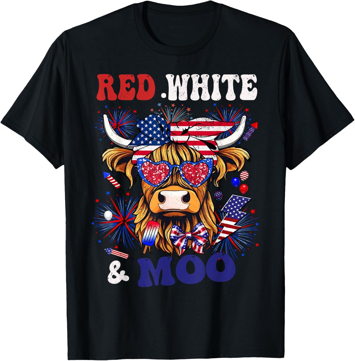 Highlander Cow 4th Of July American Red White Blue Moorica T-Shirt - T-Shirt | Black