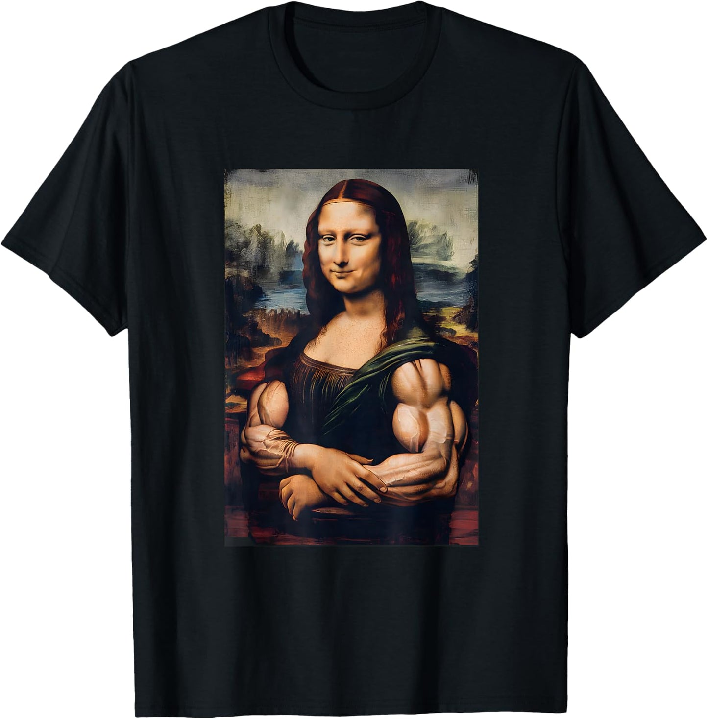 Mona Lisa Bicep Bodybuilding Gym Workout Funny Mona Lisa T-Shirt - T-Shirt | Black