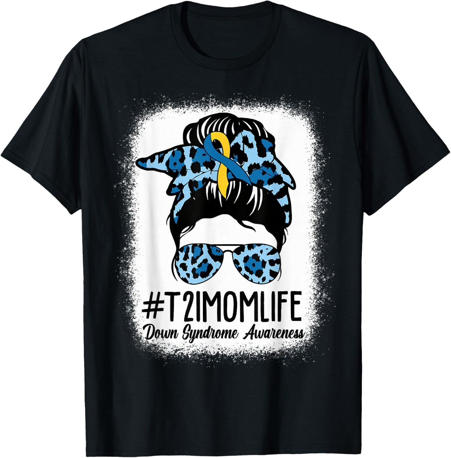 Women Down Syndrome Awareness Mom Life Messy Bun Leopard T-Shirt - T-Shirt | Black