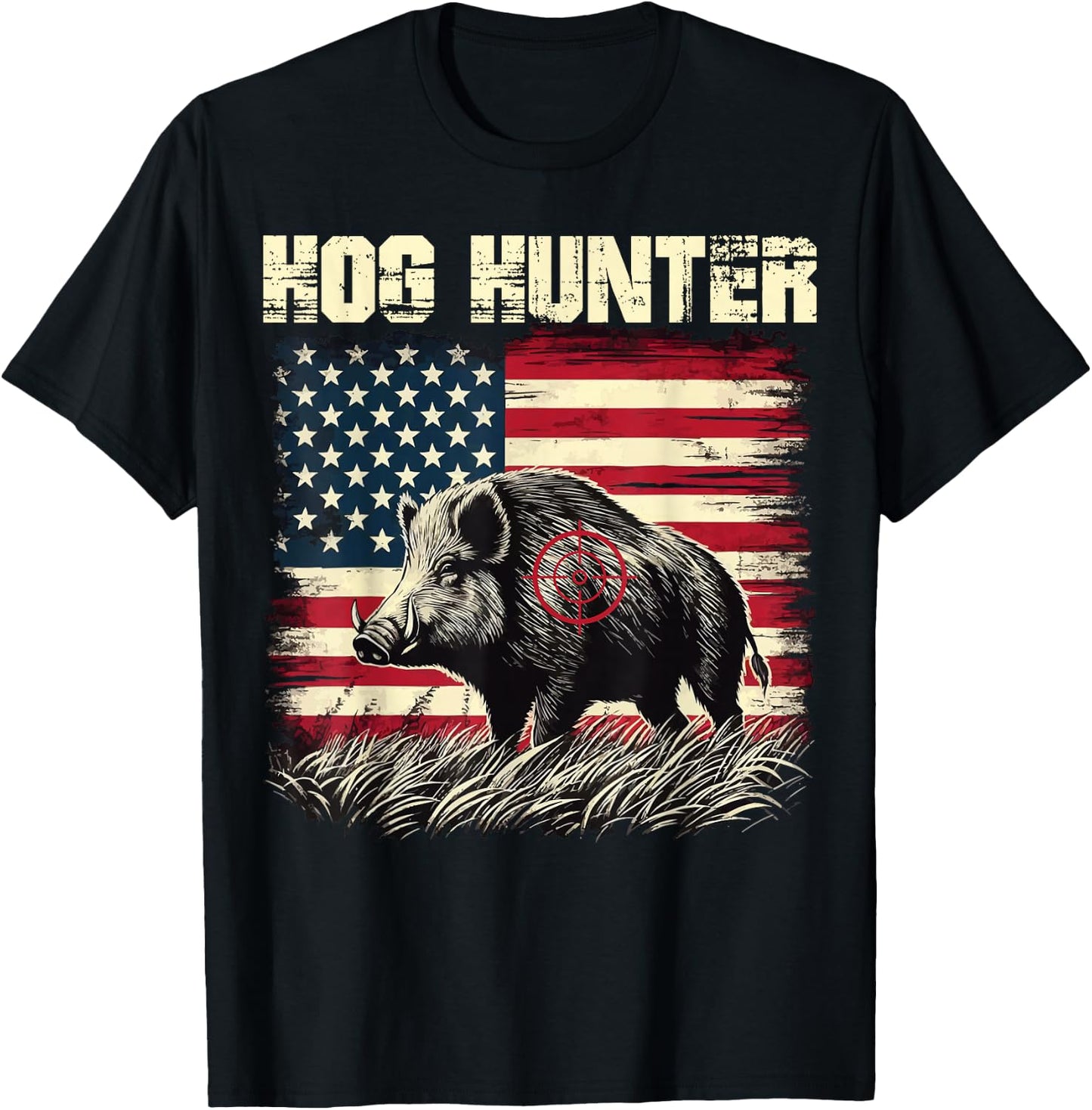 Hog Hunter American Flag Hog Hunting Boar Feral Pig Hunting T-Shirt - T-Shirt | Black