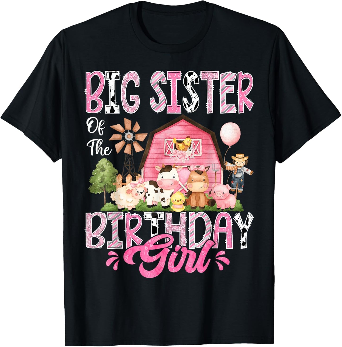 Big Sister Of The Birthday Girl Pink Farm Cow First Birthday T-Shirt - T-Shirt | Black