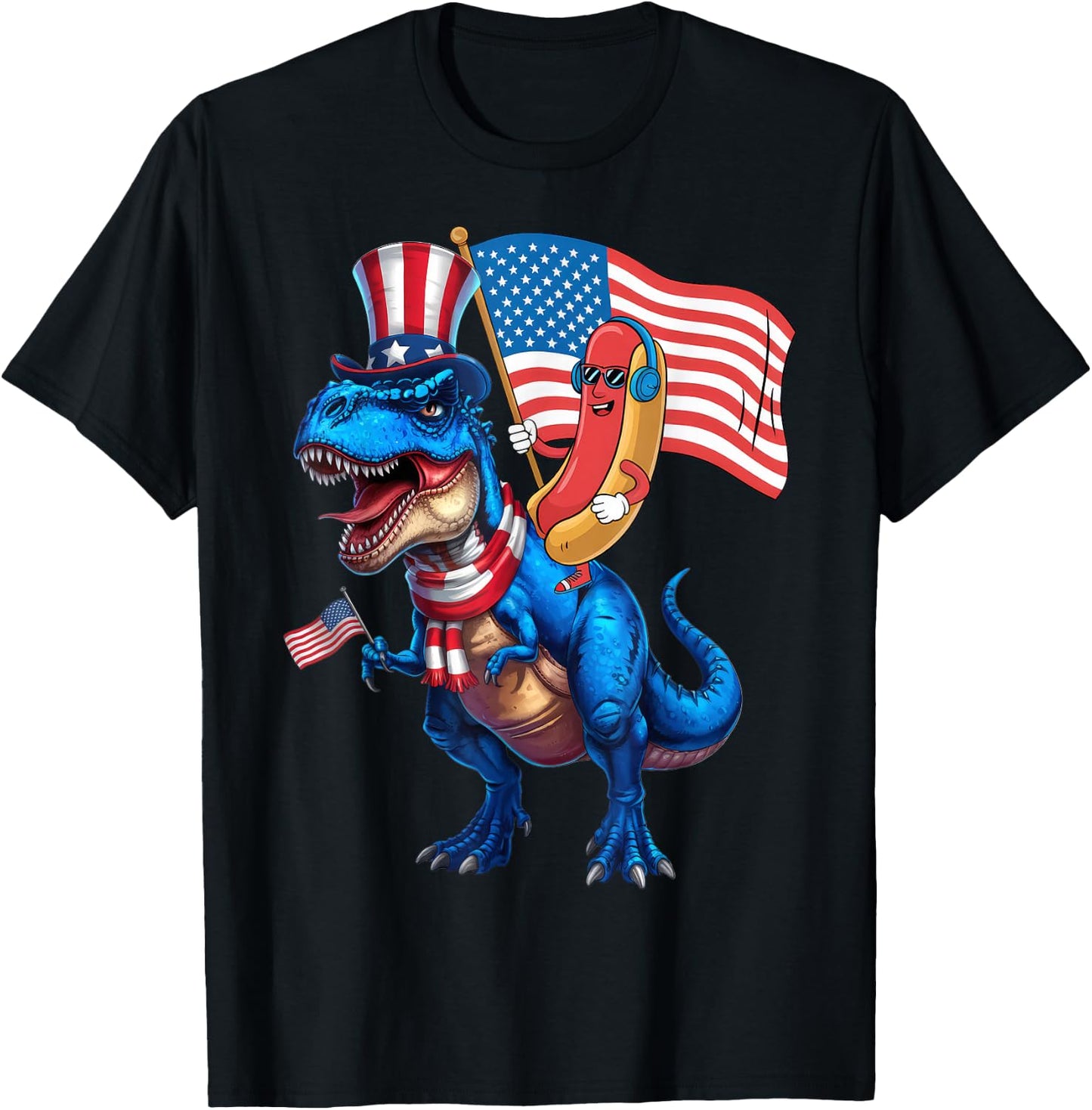 Hotdog Riding Dinosaur TRex 4th of July USA Flag T-Shirt - T-Shirt | Black