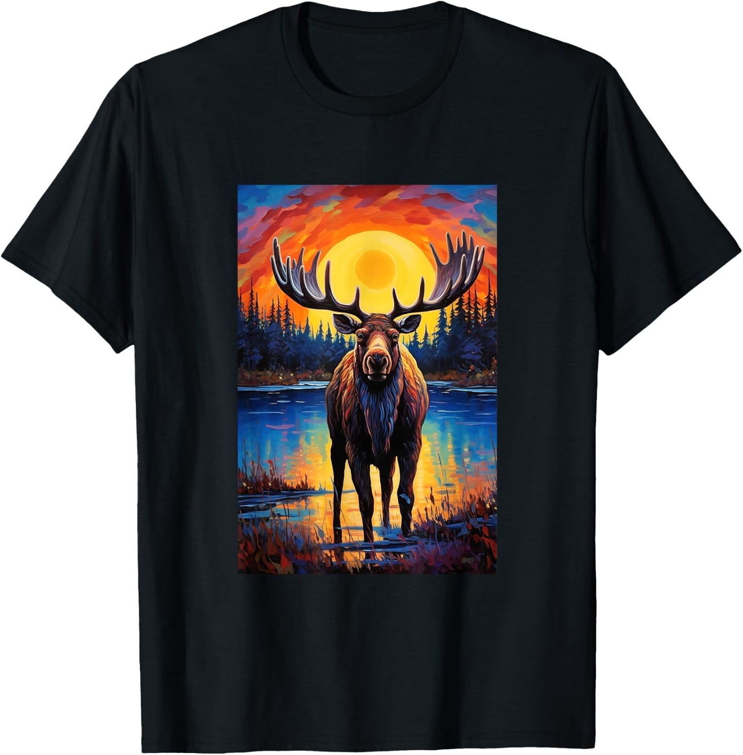 Moose Van Gogh Style Starry Night Graphic T-Shirt - T-Shirt | Black