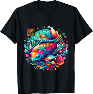 Japanese Koi Fish Shirt Colorful Sakura Flower Koi Carp Fish T-Shirt - T-Shirt | Black