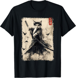 Samurai Cat Warrior Vintage Japanese Art Anime T-Shirt - T-Shirt | Black