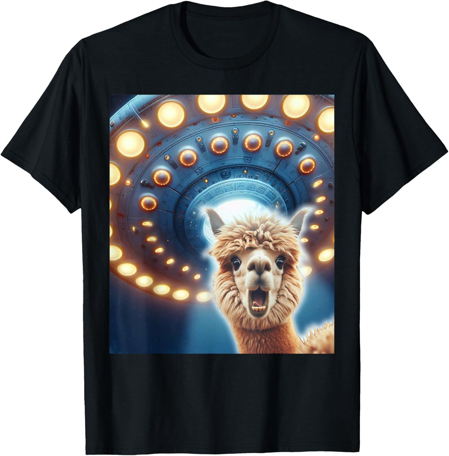 Funny Alpaca Selfie UFOs Alien Flying Saucers Abduction T-Shirt - T-Shirt | Black