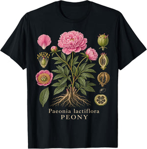 Peony Botanical Anatomy Flower Diagram Vintage Style T-Shirt - T-Shirt | Black