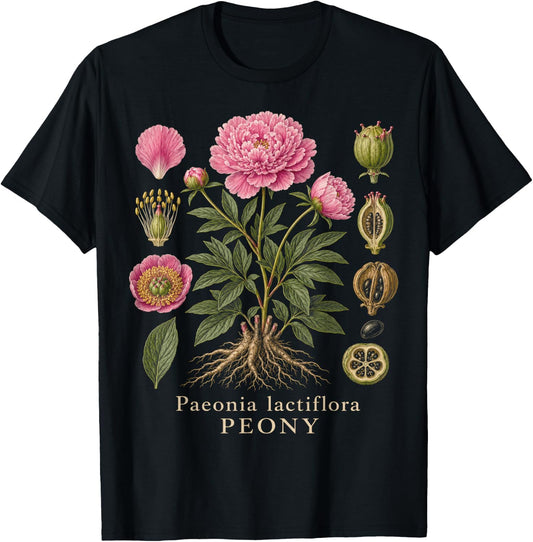 Peony Botanical Anatomy Flower Diagram Vintage Style T-Shirt - T-Shirt | Black