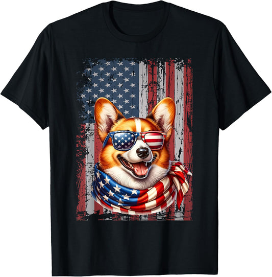 Pembroke Welsh Corgi Dog Lover US Flag 4th Of July Patriotic T-Shirt - T-Shirt | Black