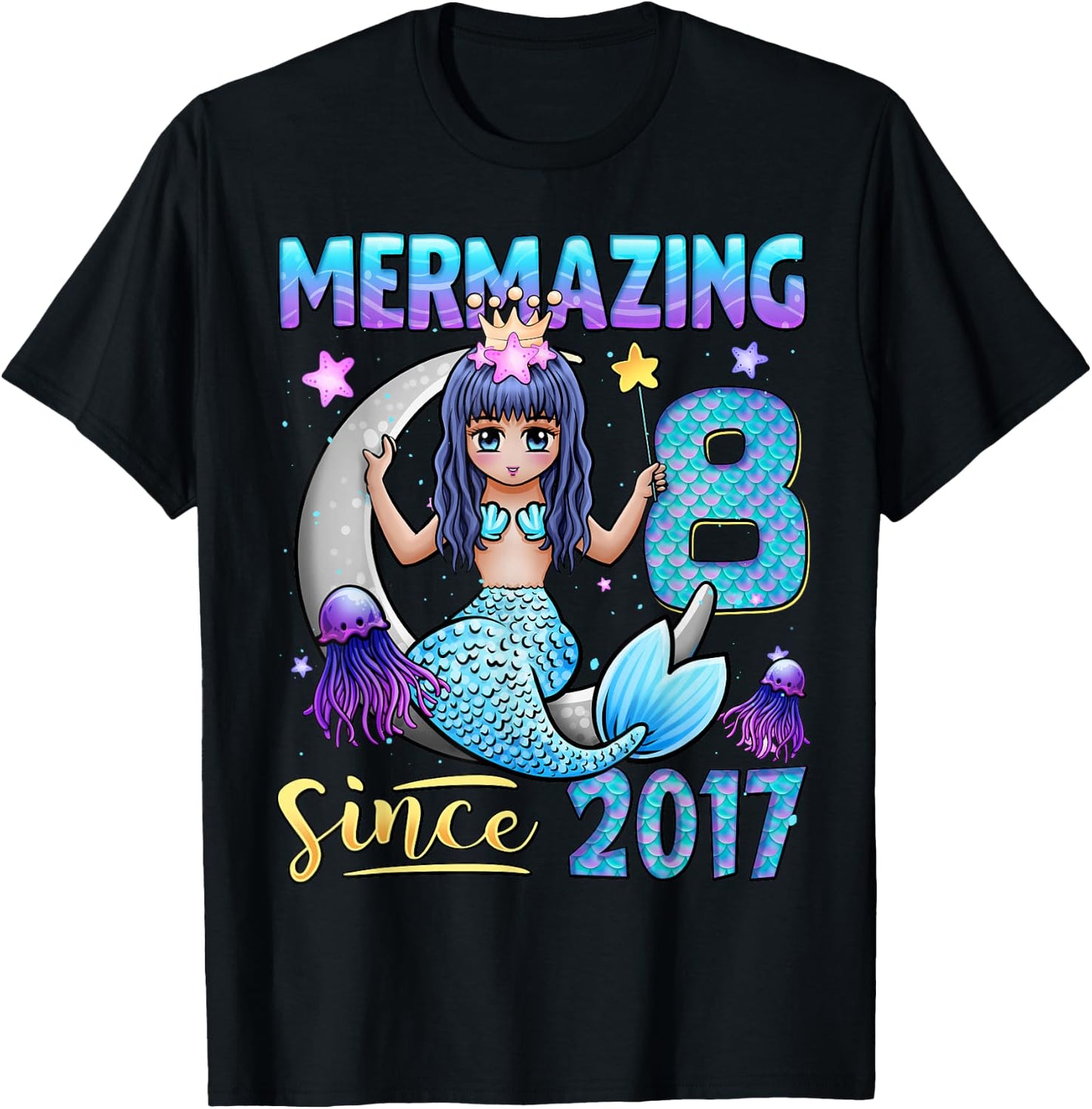 Mermaid Birthday Shirt 8 Years Old Mermaid 8th Birthday Girl T-Shirt - T-Shirt | Black