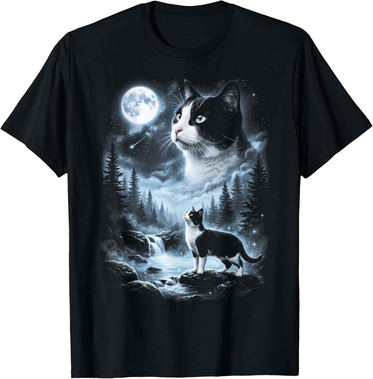 Tuxedo Cat Howling at Moon 90's Retro T-Shirt - T-Shirt | Black