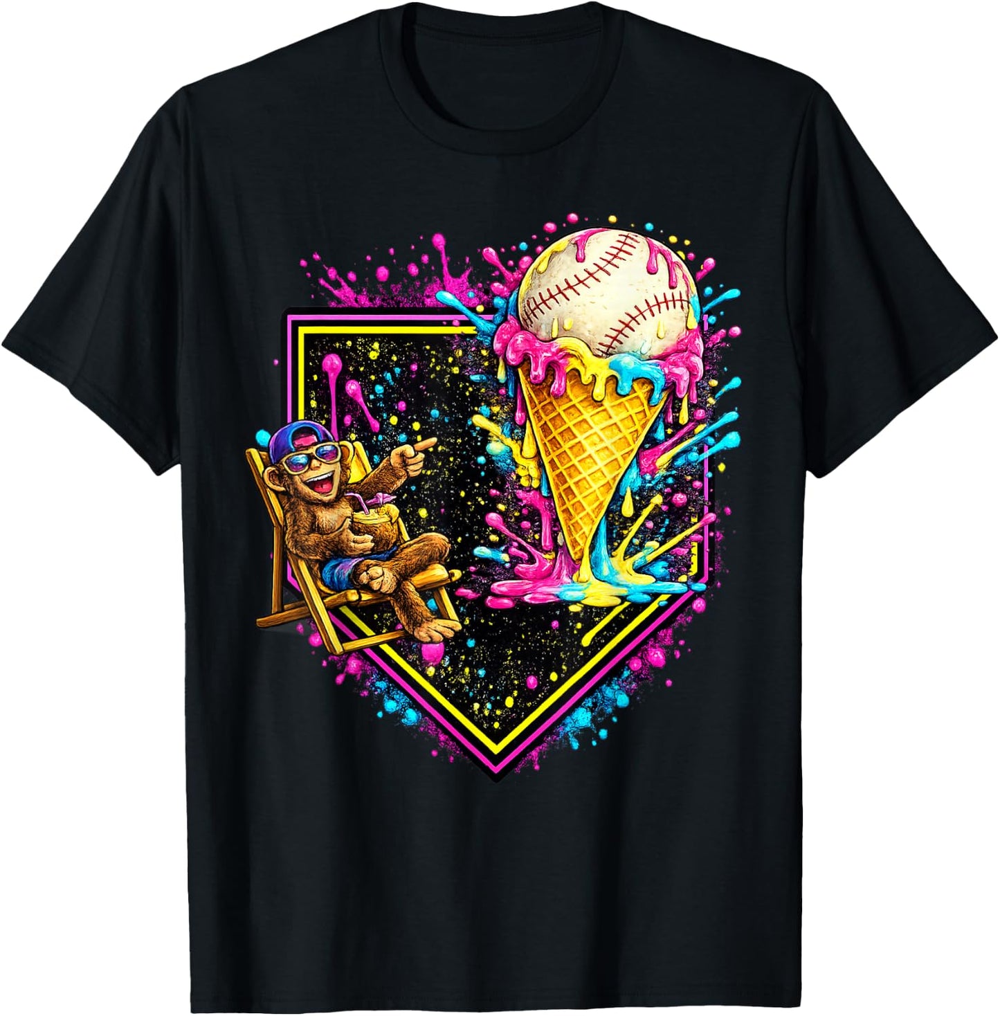 Monkey Funny Animals Baseball Ice Cream Drip Cool T-Shirt - T-Shirt | Black