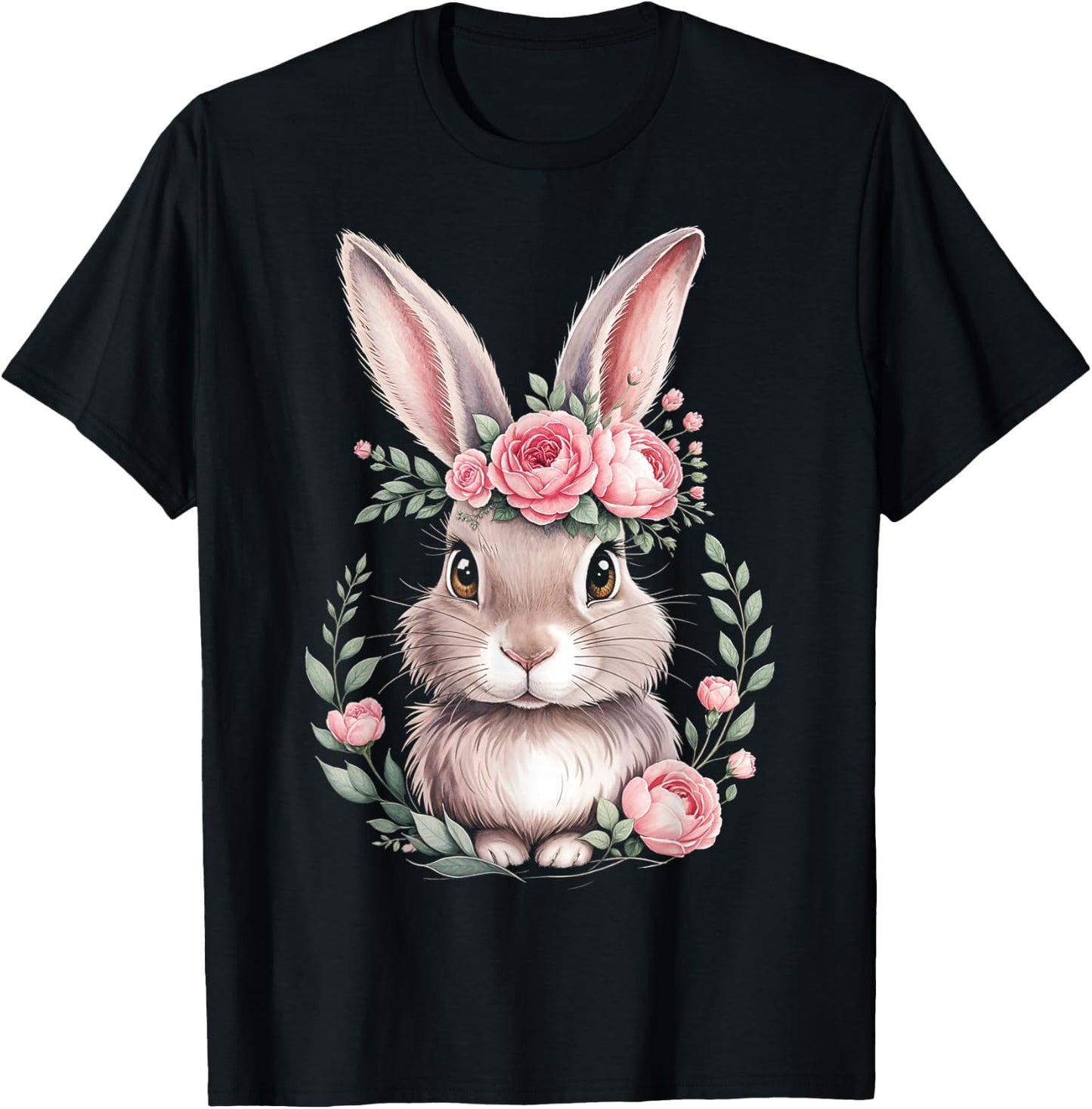 Bunny with Pink Rose Crown Watercolor Art T-Shirt - T-Shirt | Black