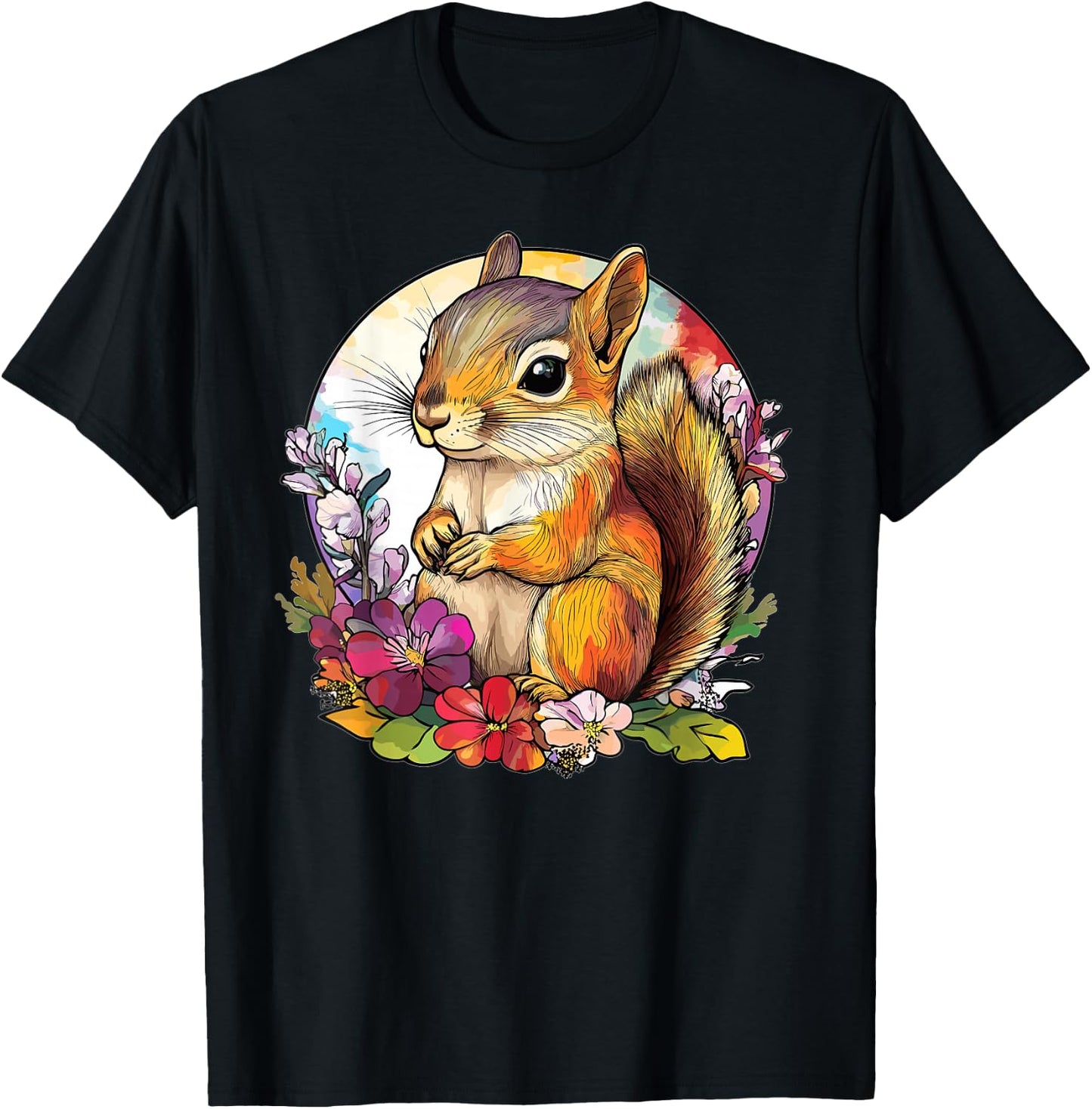 Cute Chipmunk With Flowers I Chipmunk T-Shirt - T-Shirt | Black