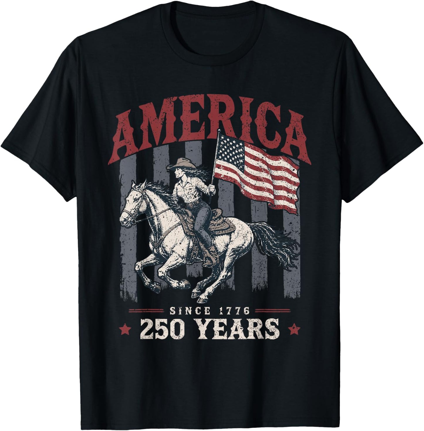 America 250 Years Cowgirl Riding Horse US Flag 1776 T-Shirt - T-Shirt | Black