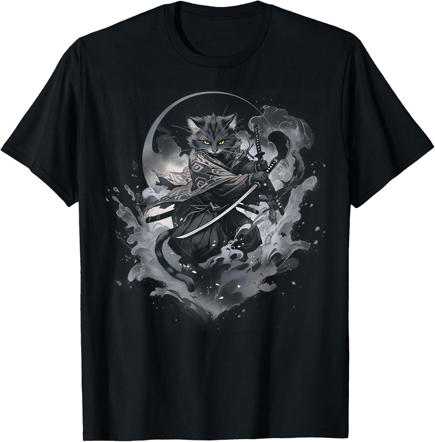 Samurai cat Anime Japanese Ninja Warrior Aesthetic Cute V05 T-Shirt - T-Shirt | Black