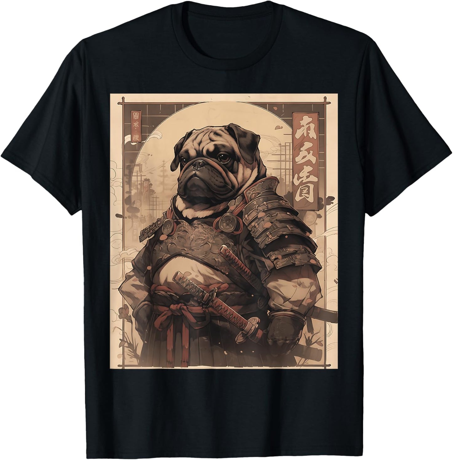 Pug Dog Samurai Full Gear Warriors Japanese Gothic Style T-Shirt - T-Shirt | Black