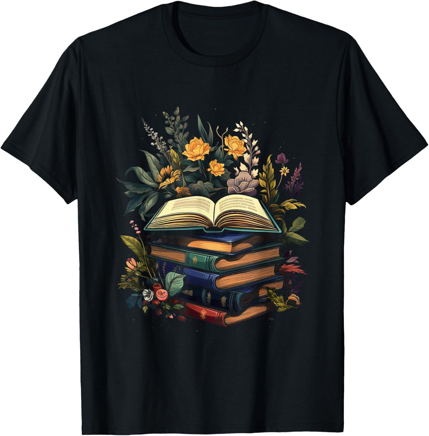 Minimalist Book with Flowers Nature Books Reading , black T-Shirt - T-Shirt | Black