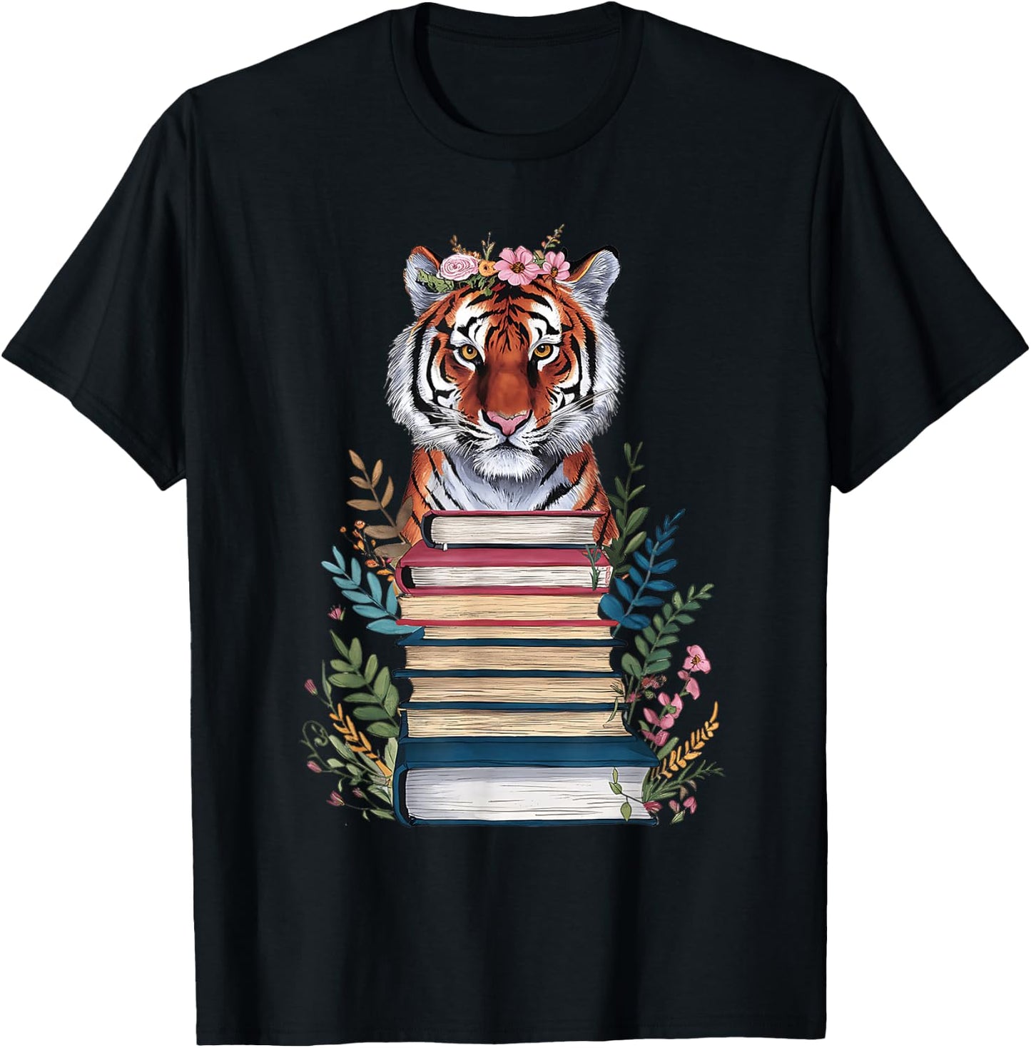 Cute Tiger With Book Floral Bookworm Librarian Book Lover T-Shirt - T-Shirt | Black