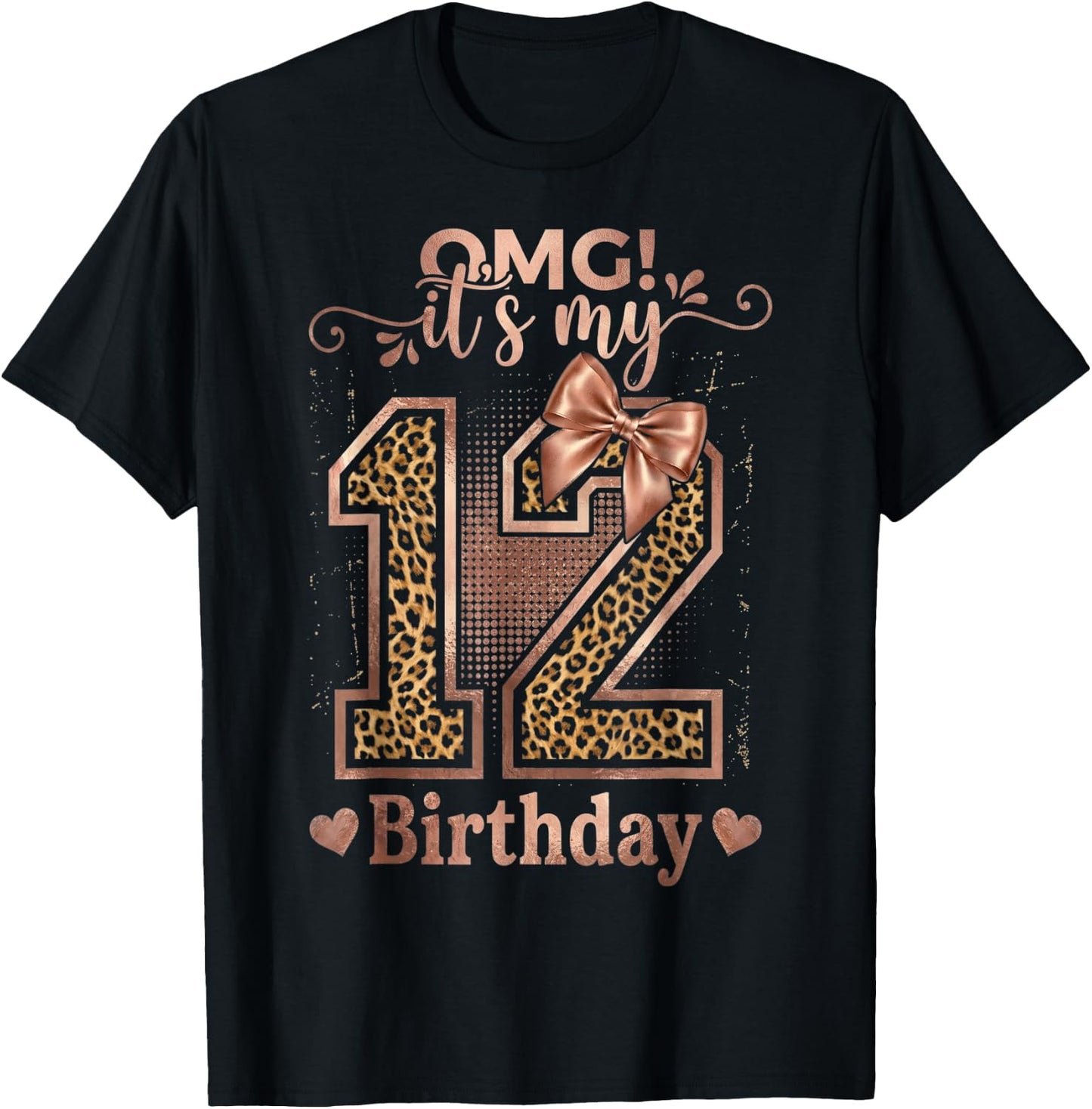 It's My 12th Birthday Girl Coquette Bow 12 Year Old Leopard T-Shirt - T-Shirt | Black