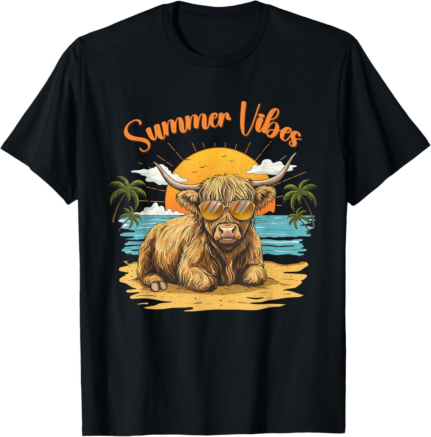 Funny Highland Cow Summer Vibes Beach Sunglasses T-Shirt - T-Shirt | Black