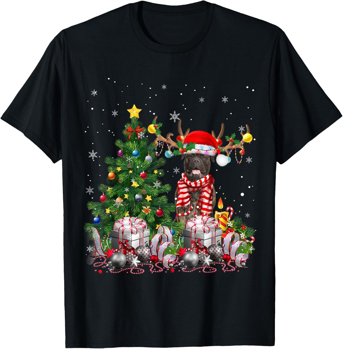 Bull Mastiff Dog Christmas Tree Lights Santa Pajamas Xmas T-Shirt - T-Shirt | Black