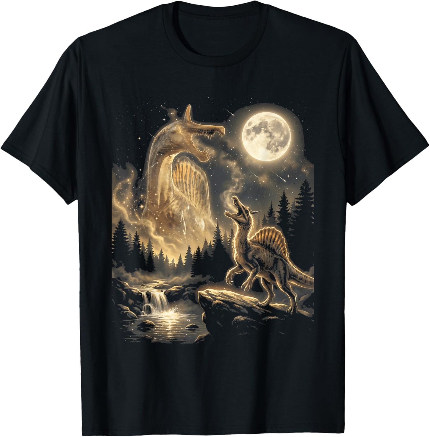 Spinosaurus Mirabilis Dinosaur Full Moon Night Forest T-Shirt - T-Shirt | Black