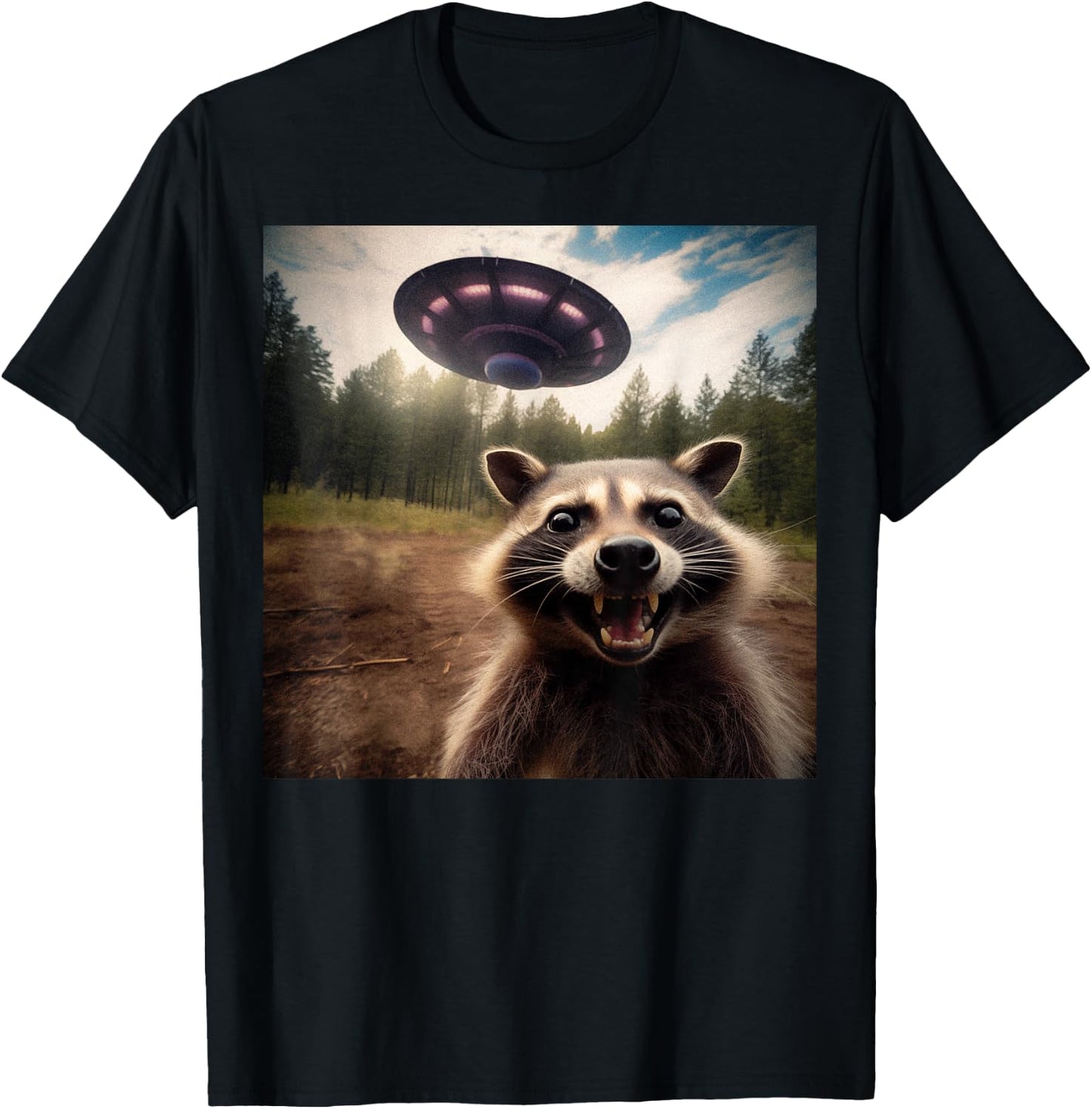Funny Raccoon UFO Alien Weirdcore Aesthetic Artwork T-Shirt - T-Shirt | Black