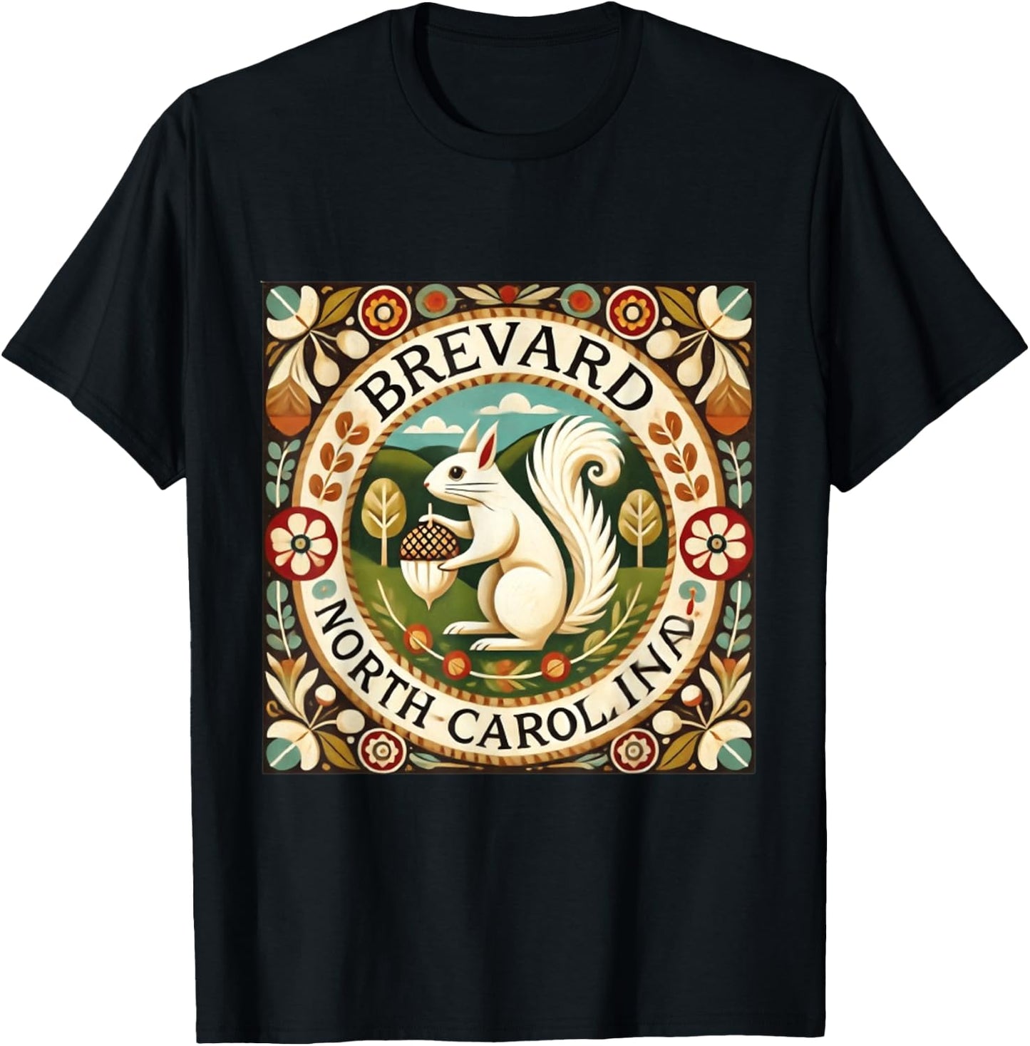 Brevard NC North Carolina White Squirrel Folk Art T-Shirt - T-Shirt | Black