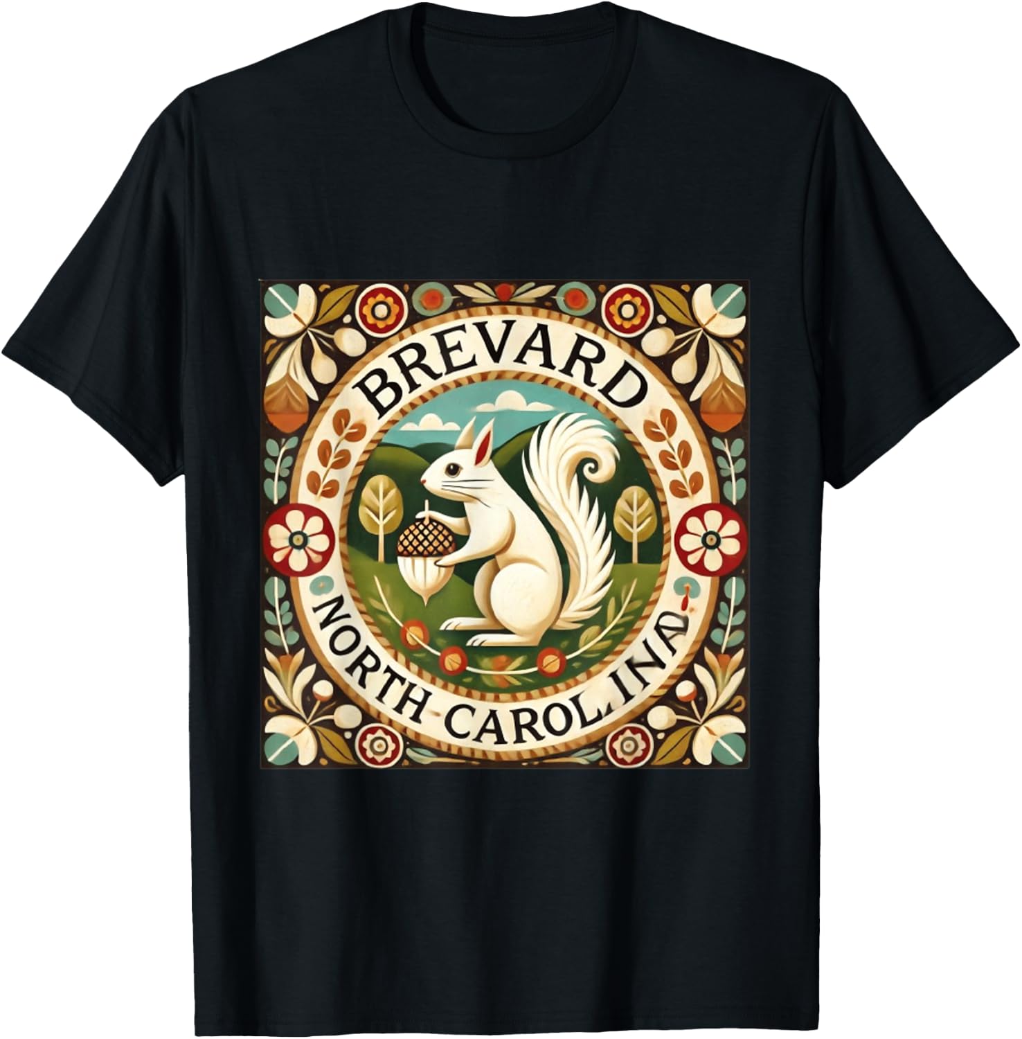 Brevard NC North Carolina White Squirrel Folk Art T-Shirt - T-Shirt | Black