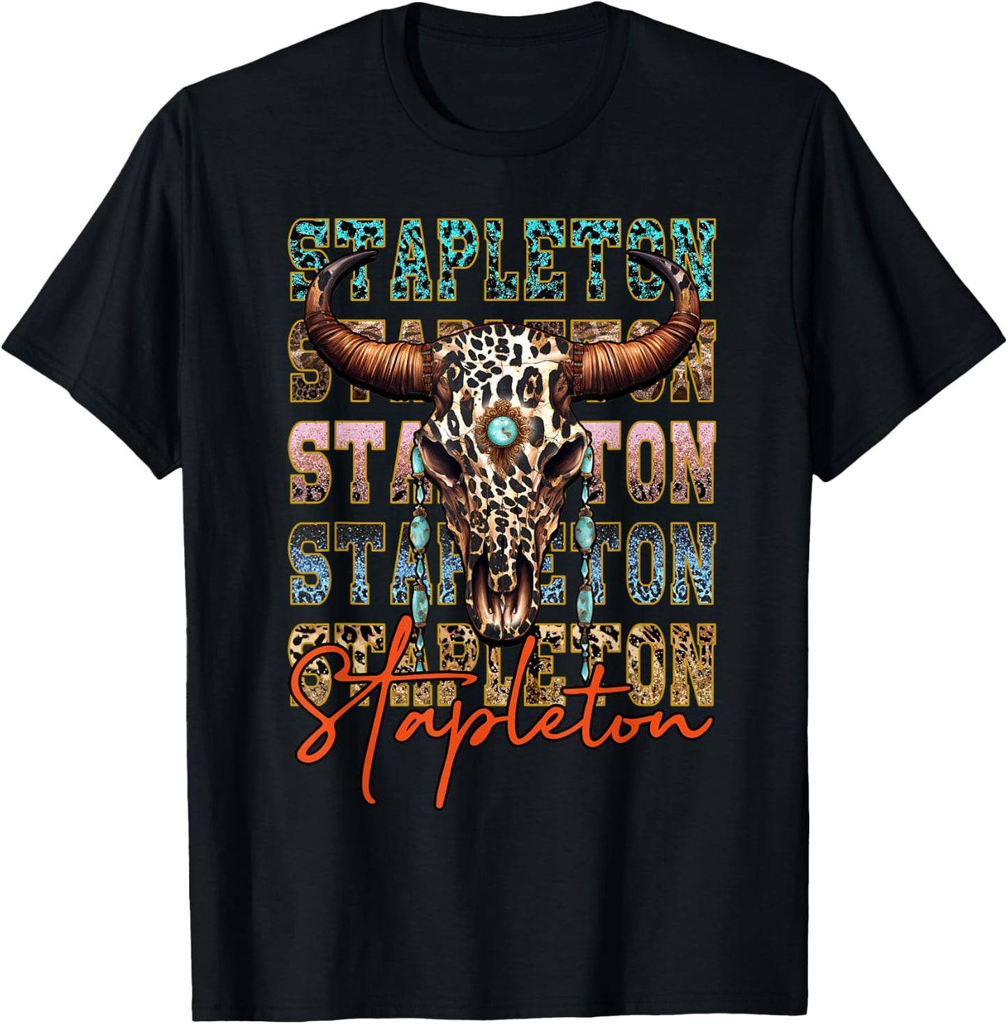 Vintage Stapleton Cow & Leopard Distressed Music Country 80s T-Shirt - T-Shirt | Black