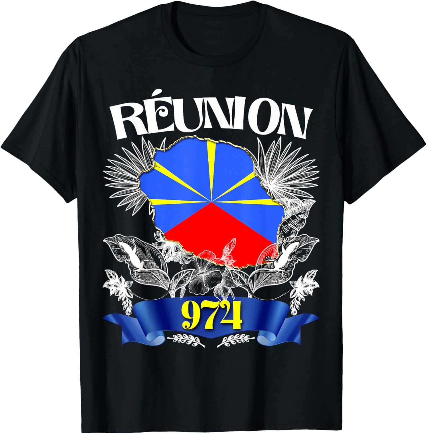 Flag Reunion 974 Le La Margouillat Tropical Flowers T-Shirt - T-Shirt | Black