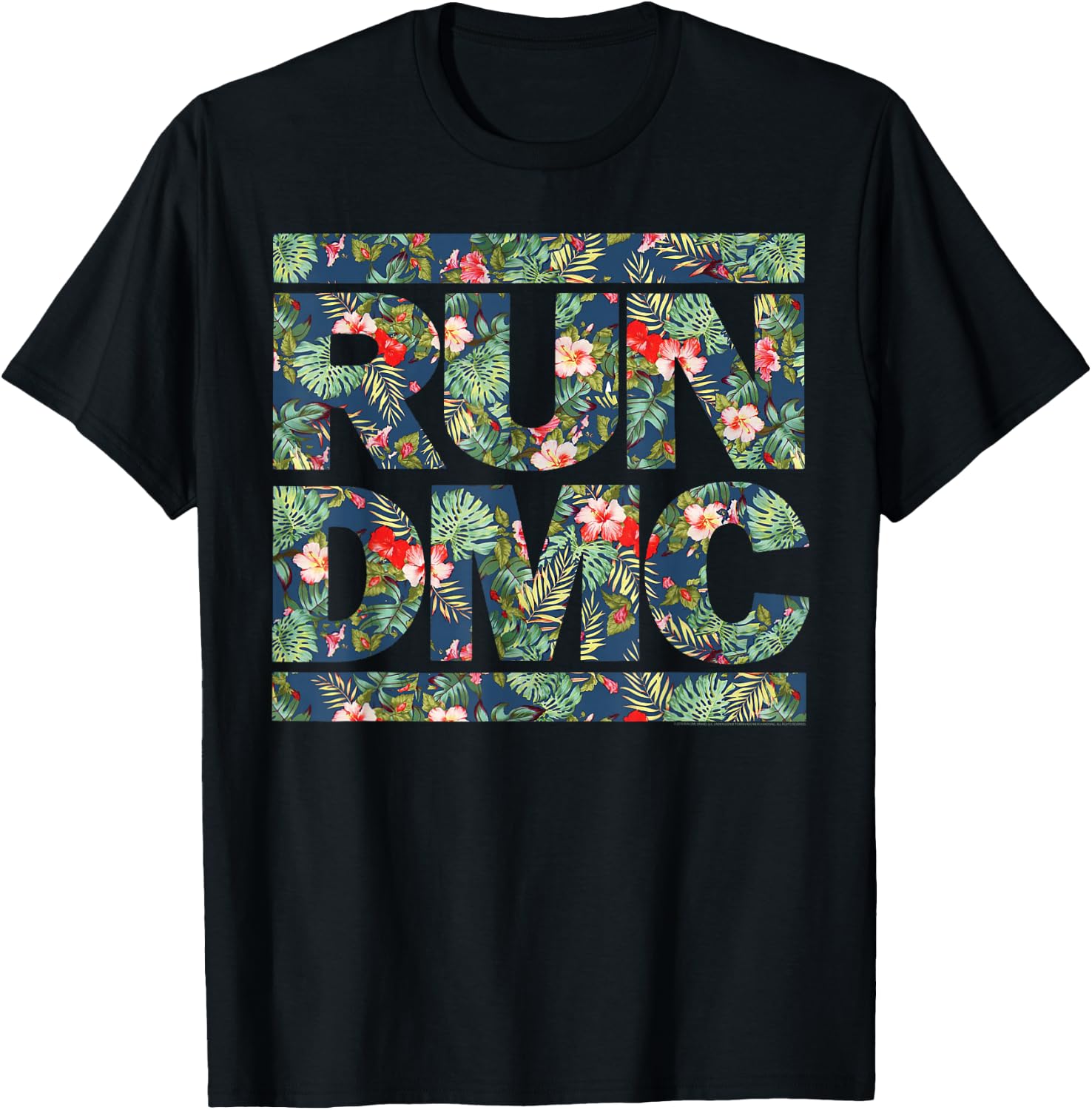 Run DMC Offizielles florales blaues Logo T-Shirt - T-Shirt | Black