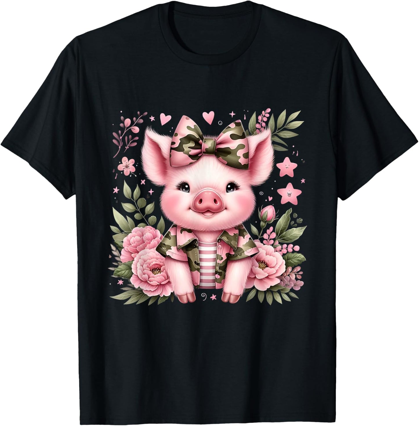 Cute Pig Camouflage Old Camo Bow Camo Coquette Bow Hunting T-Shirt - T-Shirt | Black