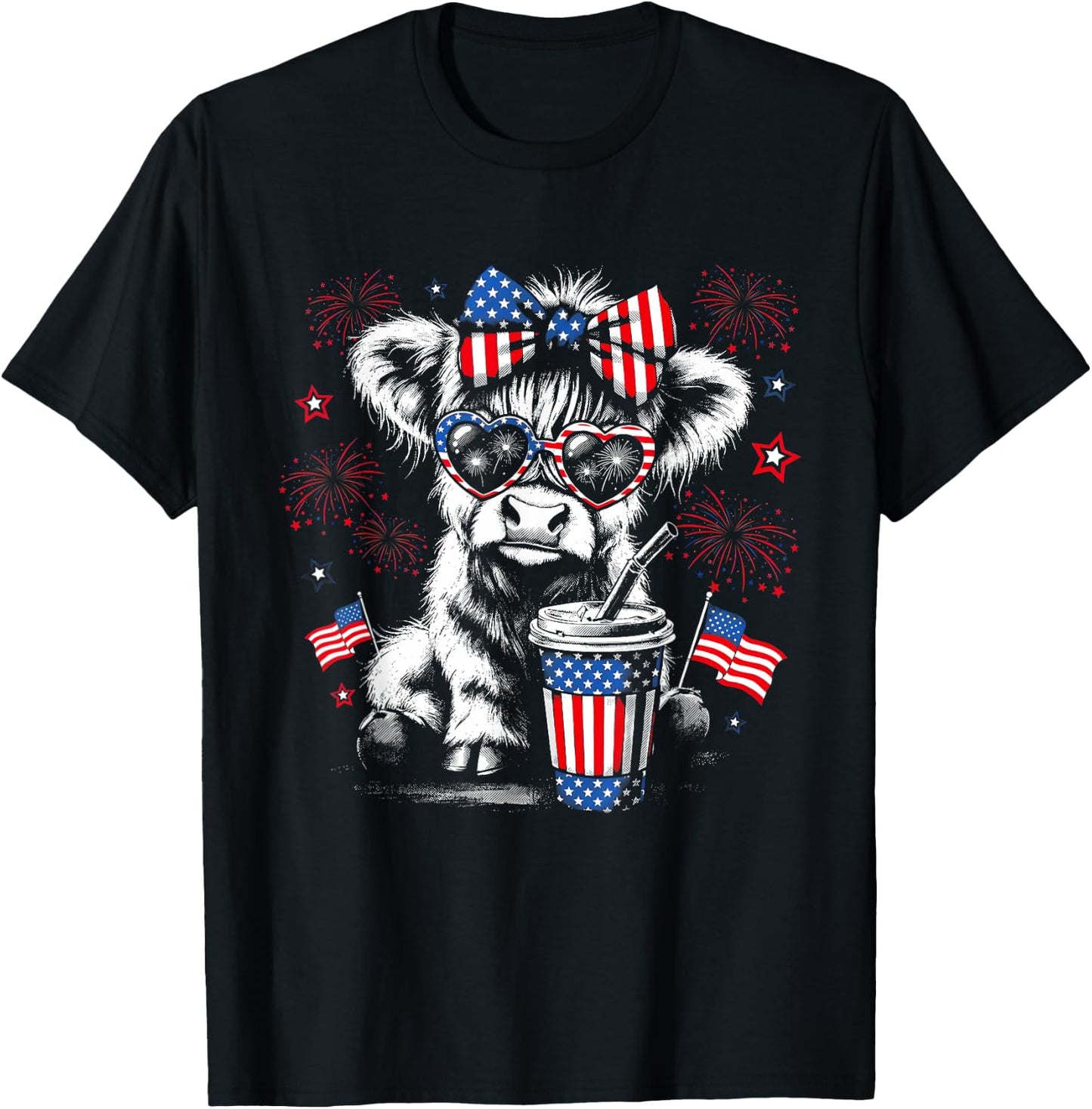 Patriotic Bow Sunglasses Highland Cow Fireworks USA Flag T-Shirt - T-Shirt | Black