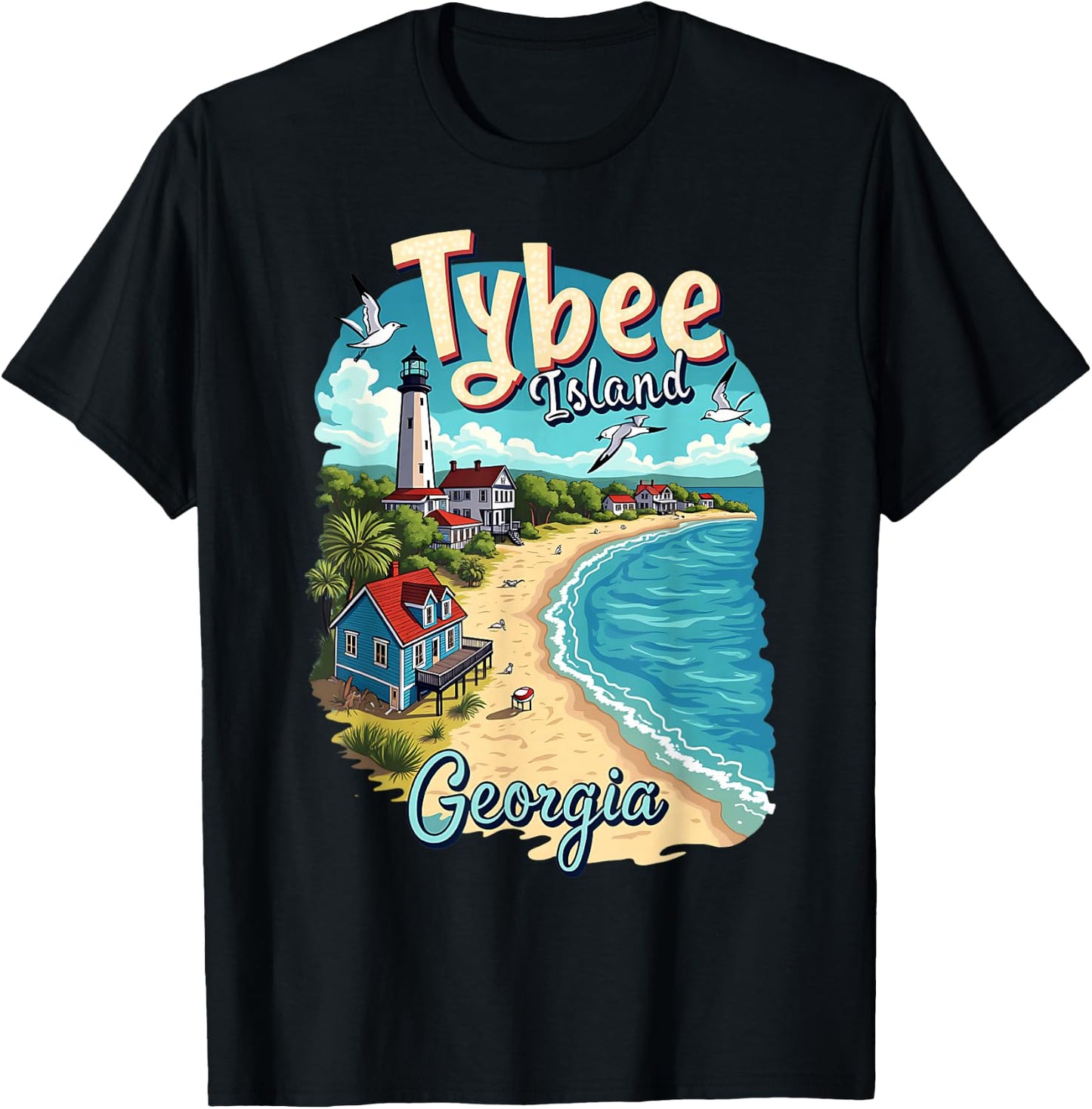 Vacation Beach Scene Tybee Island Georgia T-Shirt - T-Shirt | Black