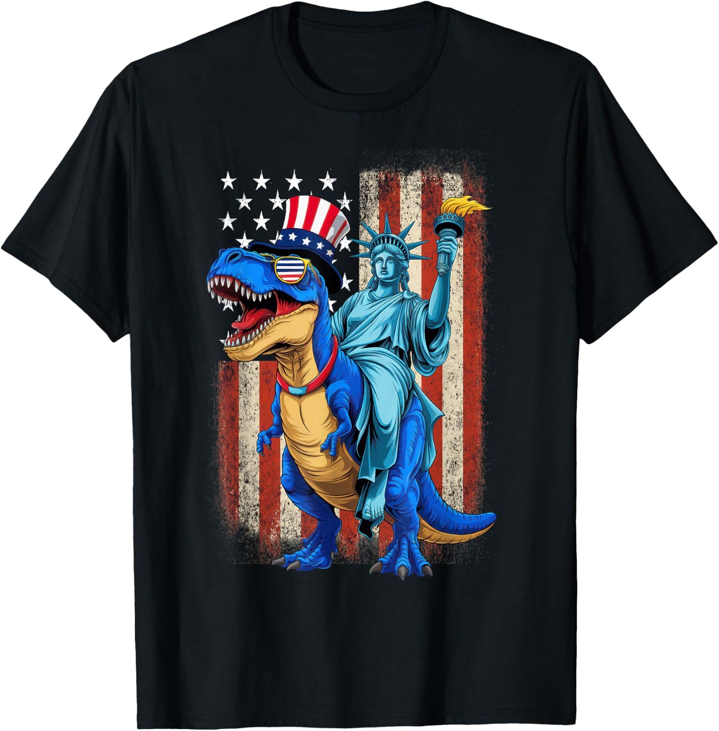 Dino Statue Of Liberty American Flag 4th Of July T-Shirt - T-Shirt | Black