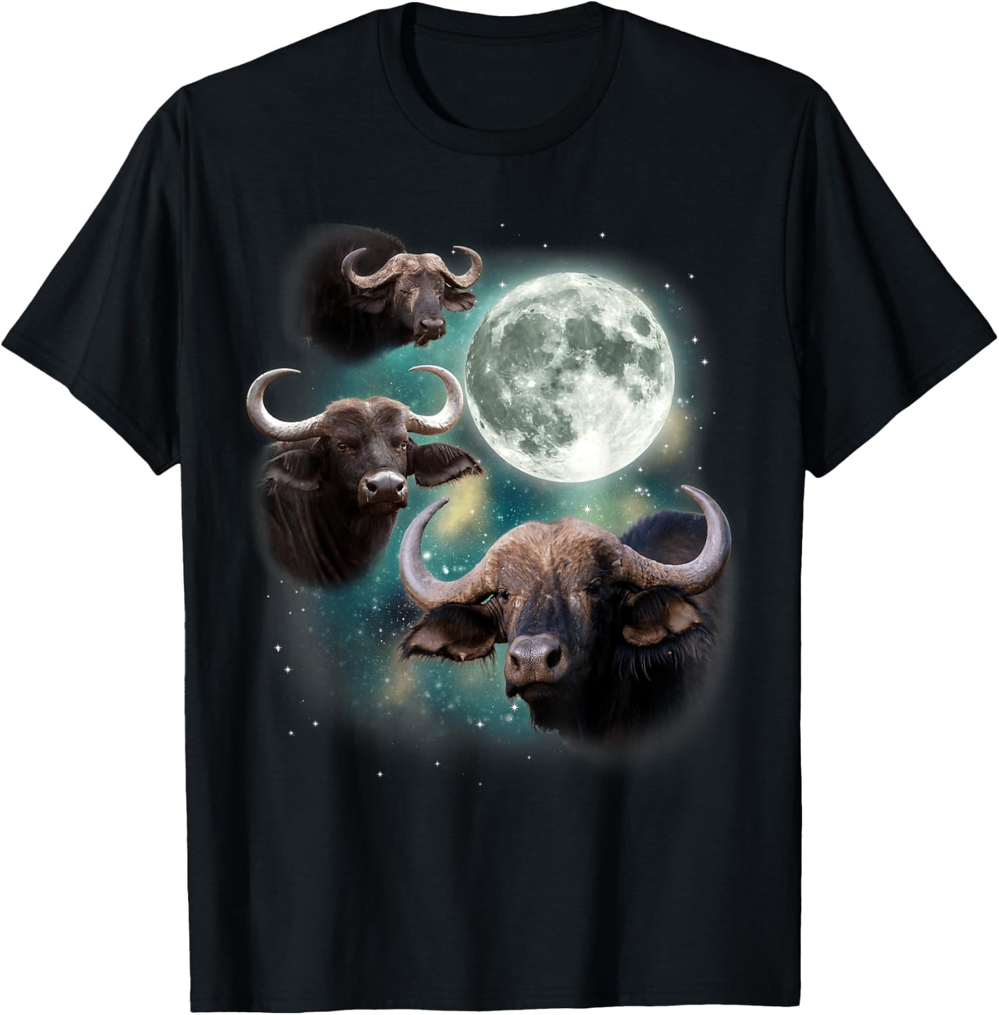 Three Water Buffaloes Moon | 3 Wild Buffaloes Howling Meme T-Shirt - T-Shirt | Black