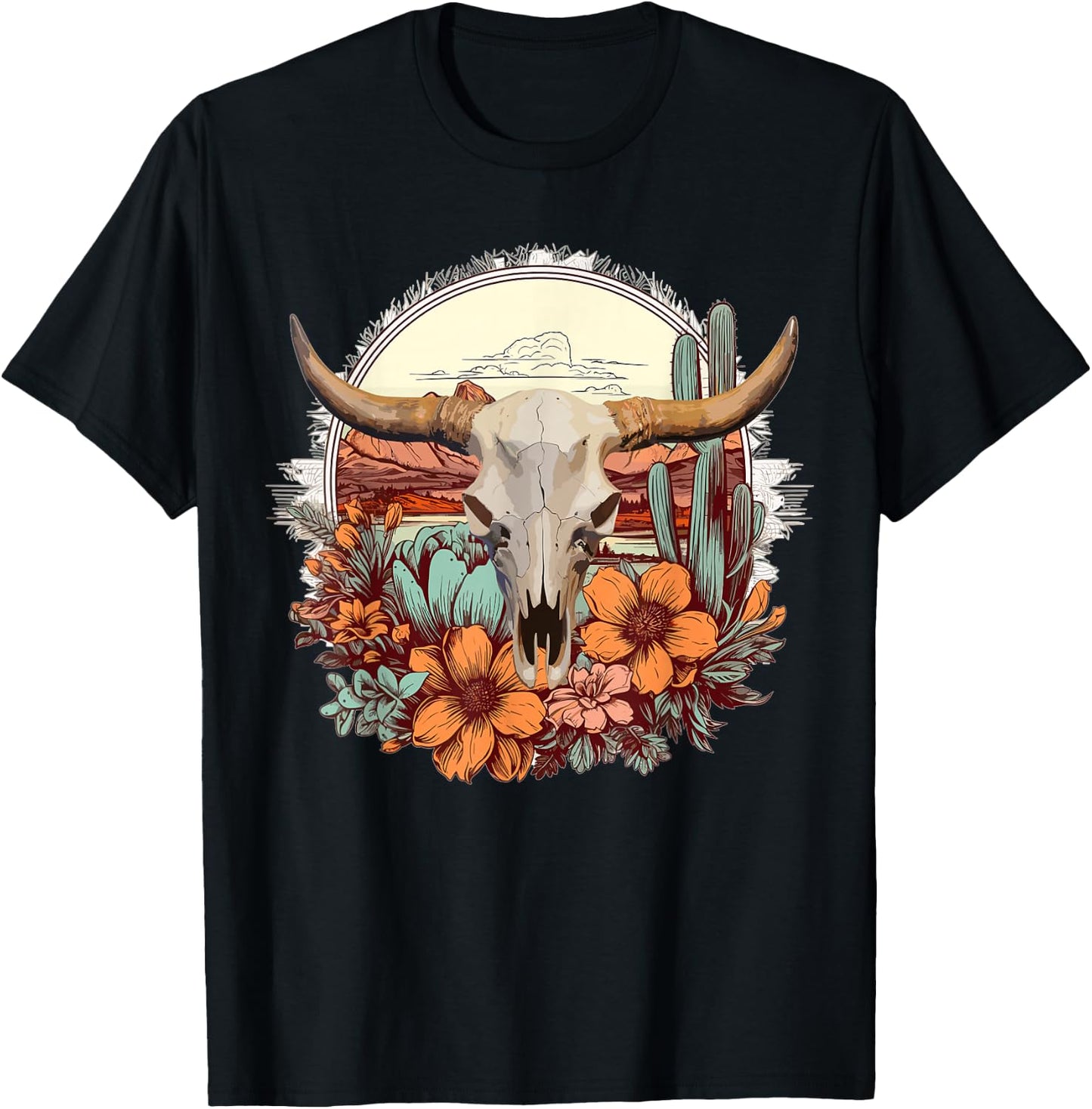 Cow Skull Vintage Boho Cowgirl Cactus Flowers Western Rodeo T-Shirt - T-Shirt | Black