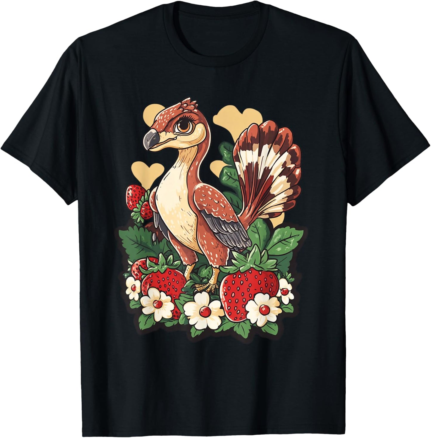 Anchiornis Dinosaur with Strawberries Dino Lover T-Shirt - T-Shirt | Black